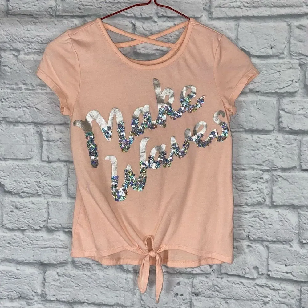 Justice girls youth 10 short sleeve tie front top w/sequins peach color